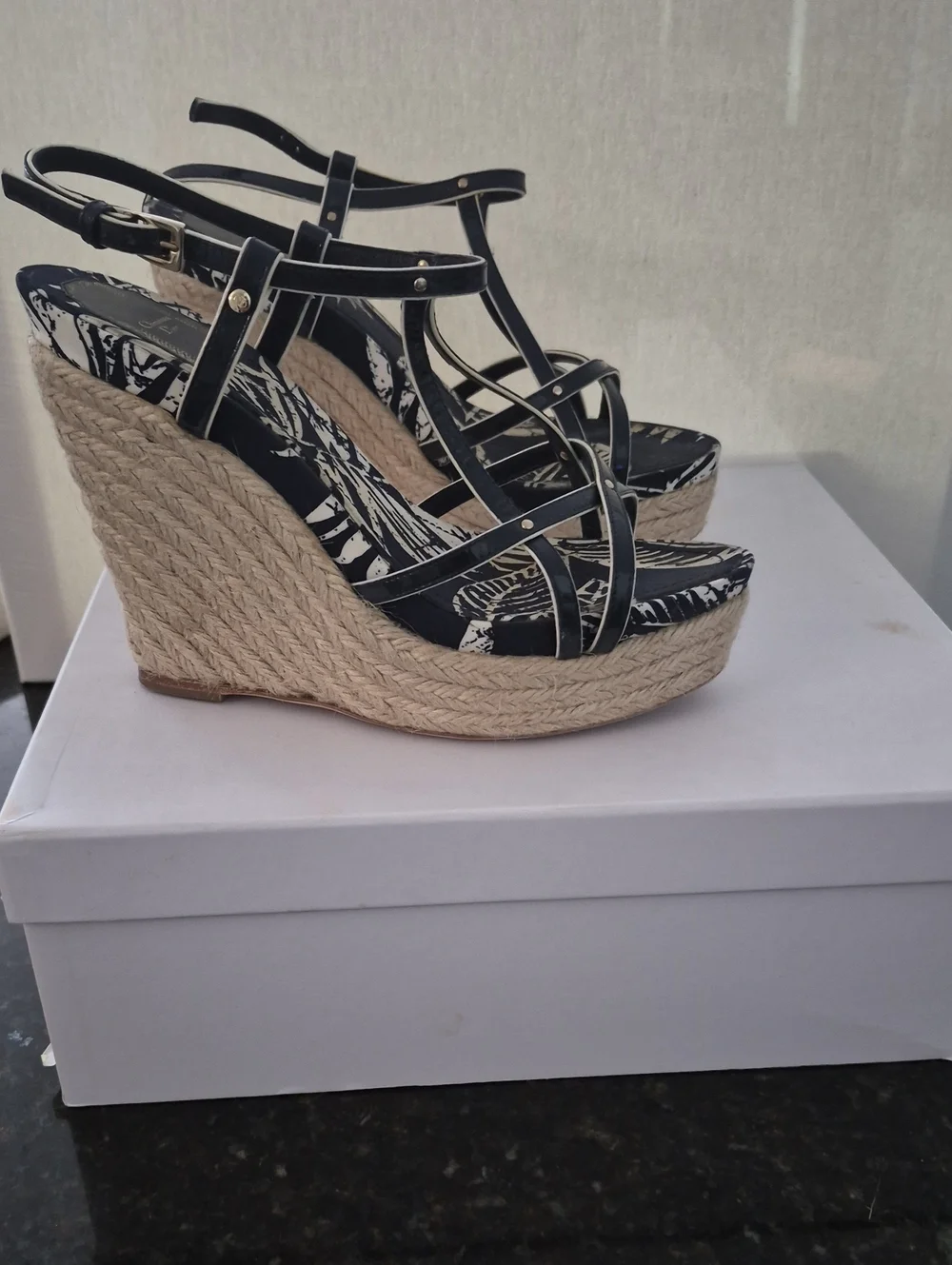 Dior Black Strappy Espadrille Wedge Sandals with Natural Rope Platform